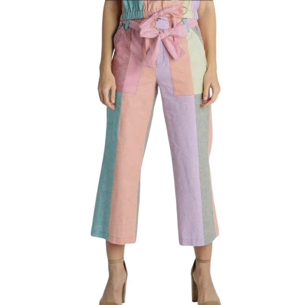Current Air Patchwork Linen Cotton Belted Wide Leg Pant M Pastel Boho colorblock